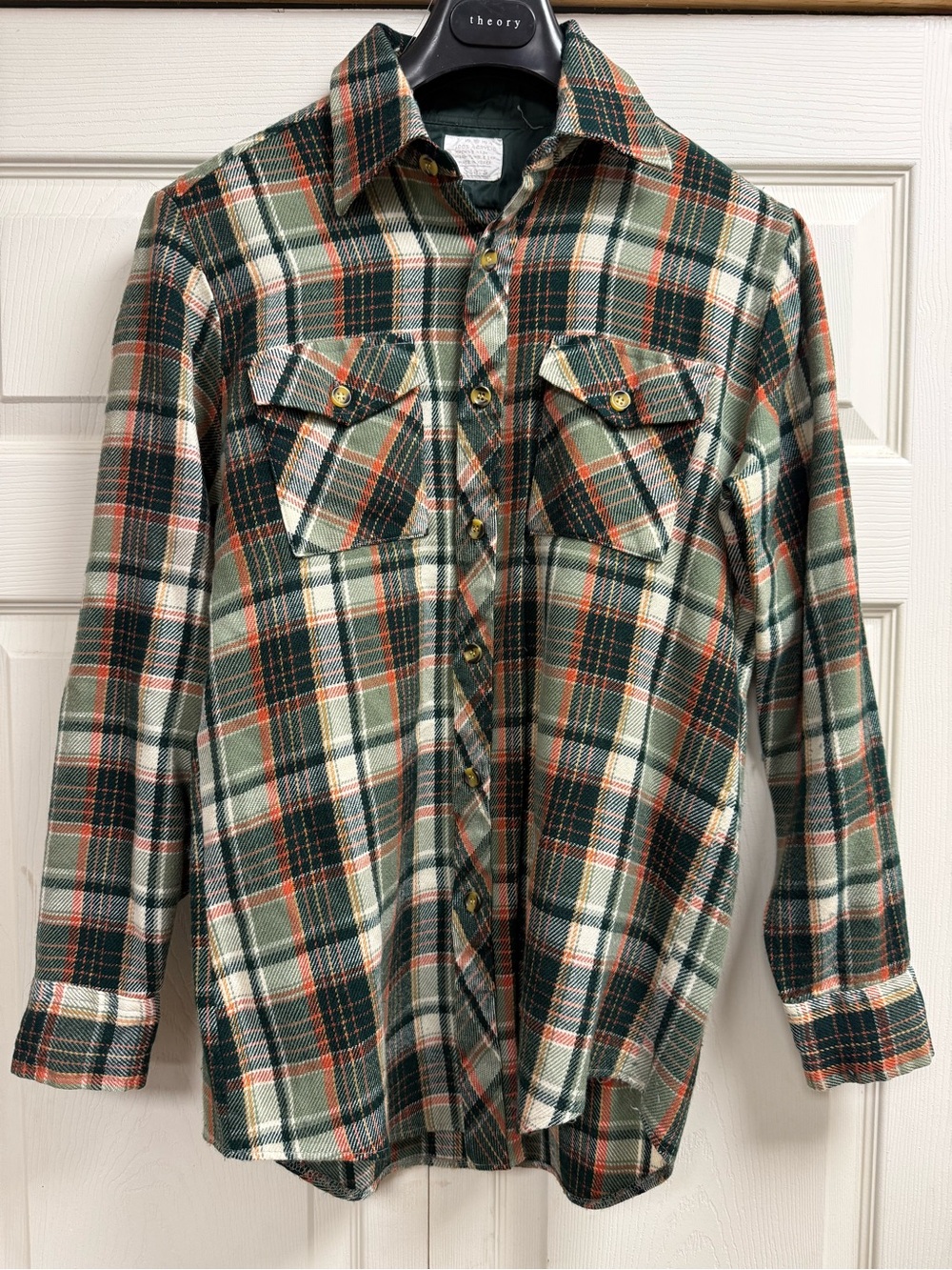 Vintage 70s Sears Acrylic Flannel Button Shirt Green Orange Medium 15-15 1/2"